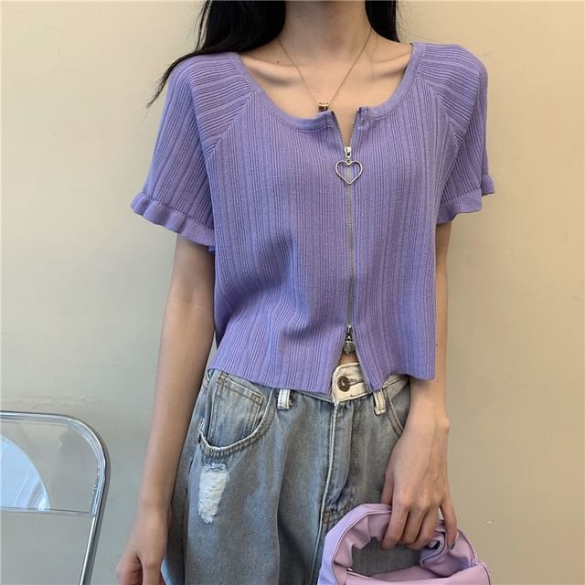 Plain Round Ribbed Neck Zip Short-Sleeve Cardigan