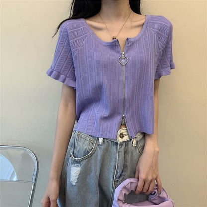 Plain Round Ribbed Neck Zip Short-Sleeve Cardigan