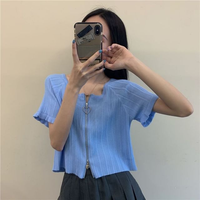 Plain Round Ribbed Neck Zip Short-Sleeve Cardigan