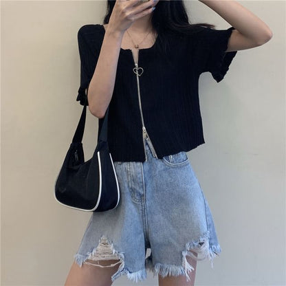 Plain Round Ribbed Neck Zip Short-Sleeve Cardigan