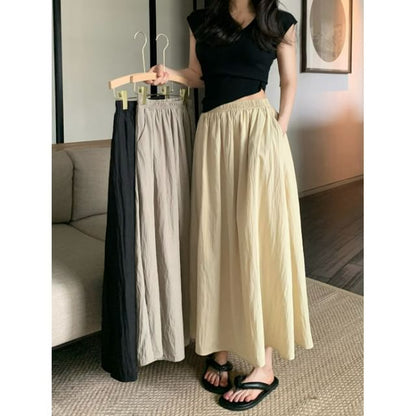 Elastic Maxi Waist A-Line Skirt Plain