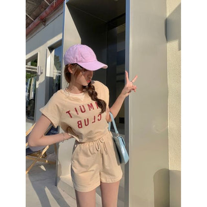 T-Shirt Plain Drawstring Waist Short-Sleeve Lettering Neck Print Set: Shorts Crew +
