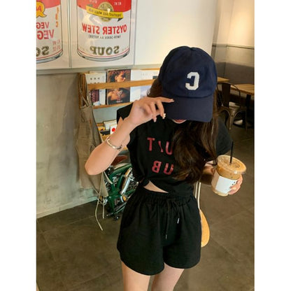 T-Shirt Plain Drawstring Waist Short-Sleeve Lettering Neck Print Set: Shorts Crew +