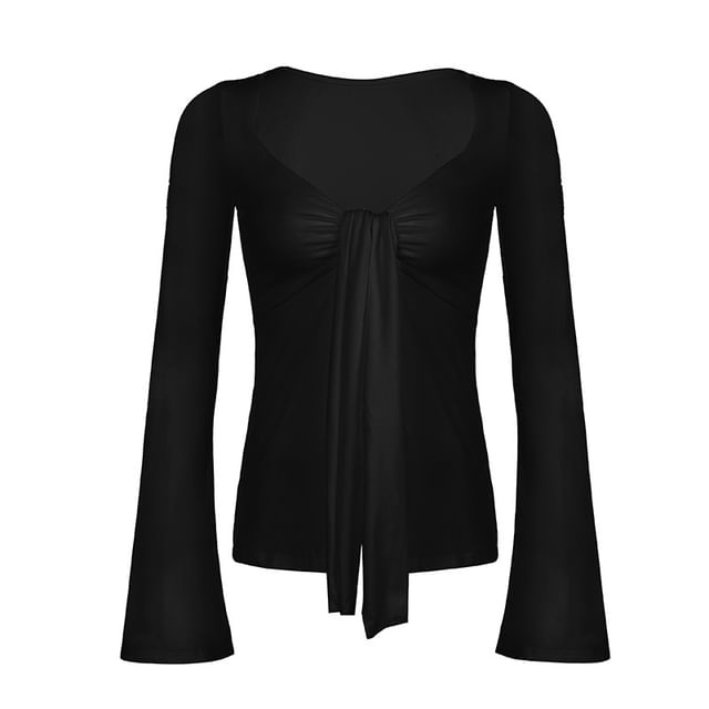 V-Neck Tie-Front Long Crop Top Sleeve Plain