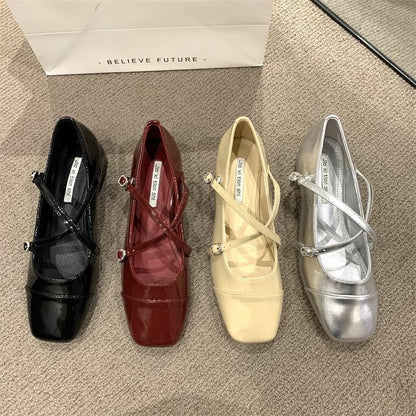 Chunky Square Toe Mary Shoes Strap Heel Jane Cross