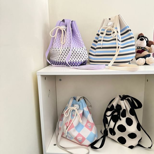 Drawstring Patterned Bag Knit Bucket