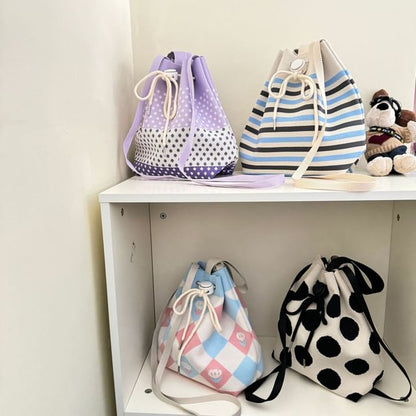Drawstring Patterned Bag Knit Bucket