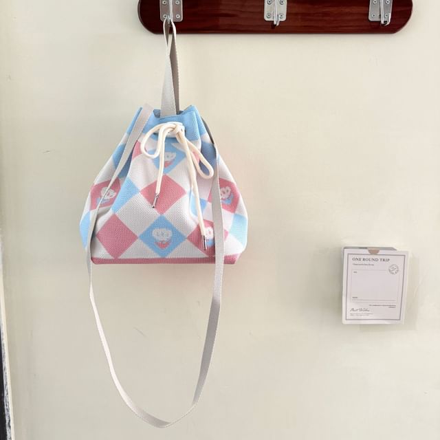 Drawstring Patterned Bag Knit Bucket