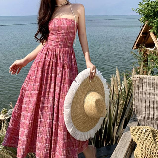 Strapless Dress Plaid Maxi A-Line