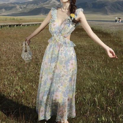Cutout Sleeveless Floral Maxi Ruffle V-Neck Sundress