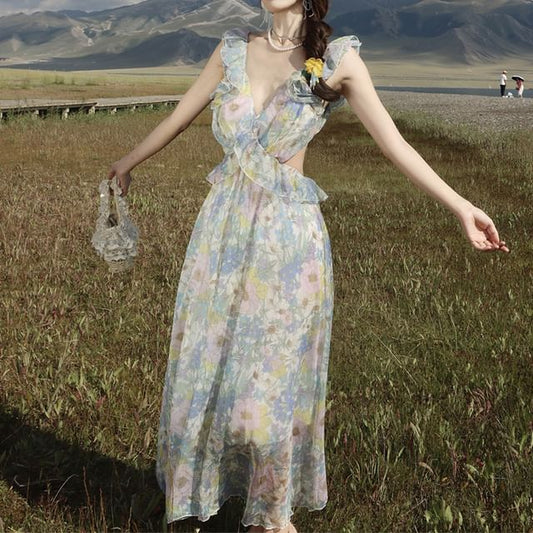 Cutout Sleeveless Floral Maxi Ruffle V-Neck Sundress