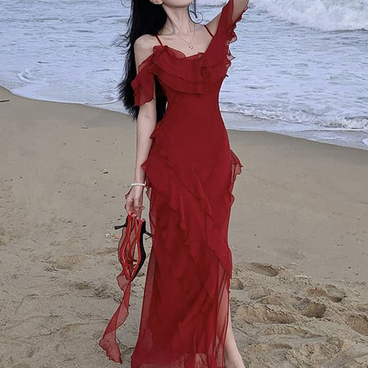 Cold-Shoulder Ruffle Maxi Asymmetrical Sundress Plain
