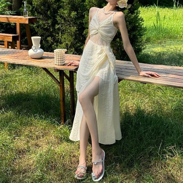 Strap Panel Plain Dress Maxi Ruched Slit Spaghetti V-Neck A-Line Lace