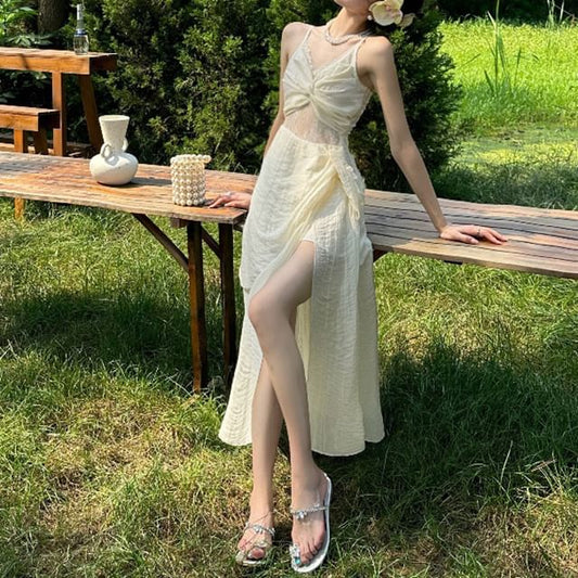 Strap Panel Plain Dress Maxi Ruched Slit Spaghetti V-Neck A-Line Lace