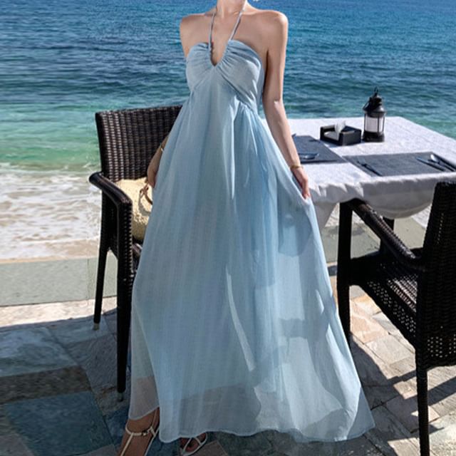 A-Line Dress Maxi Back Plain Tie Halter