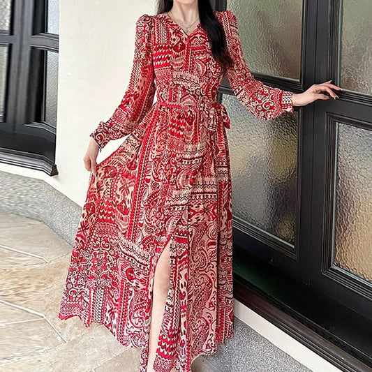 Patterned Print Maxi Long-Sleeve V-Neck Dress A-Line Slit