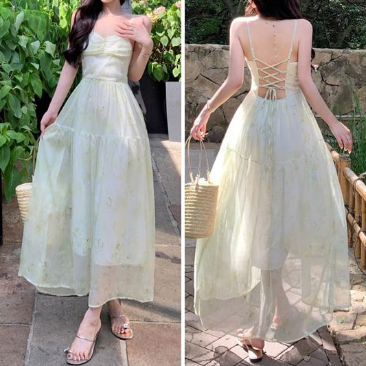 A-Line Strap Dress Lace Print Patterned Maxi Up Spaghetti