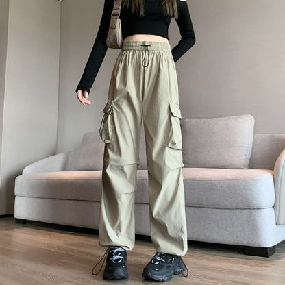 High Rise Plain Pocket Straight-Fit Wide-Leg Pants