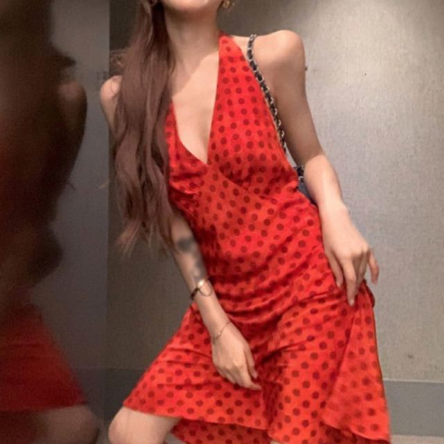 Dotted Halter V-Neck Dress Smock