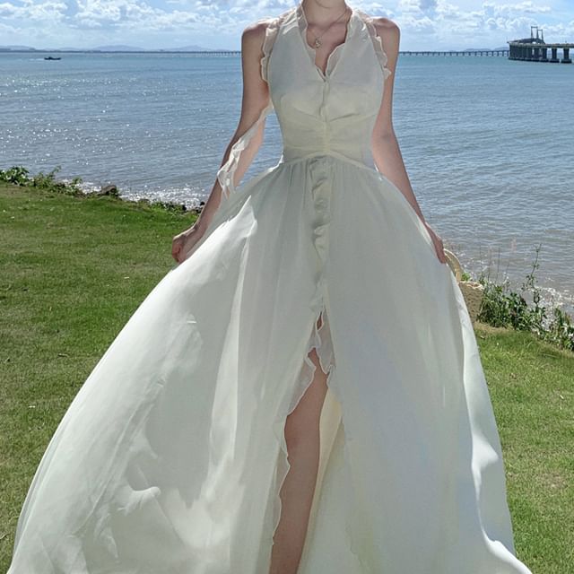 Halter V-Neck Plain Maxi A-Line Dress Ruffle Front-Slit