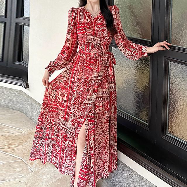 Patterned Print Maxi Long-Sleeve V-Neck Dress A-Line Slit
