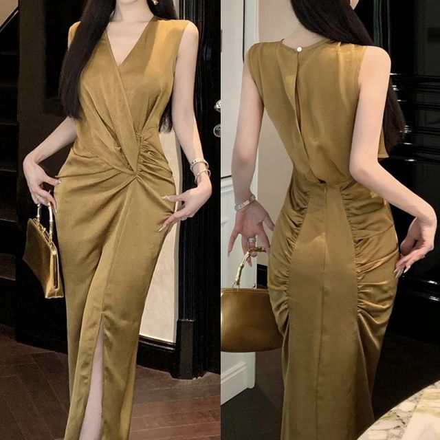 Sleeveless Plain Wrap Sheath Maxi Slit Ruched V-Neck Dress