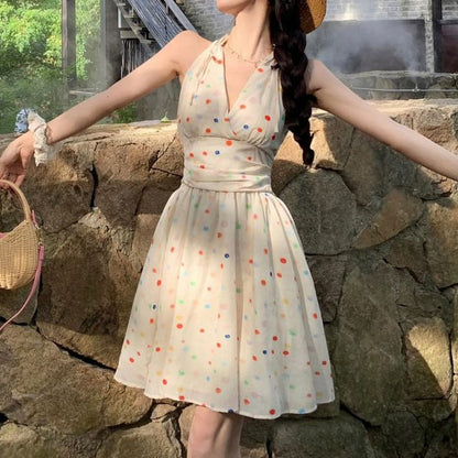 Dotted Mini A-Line Dress V-Neck Halter
