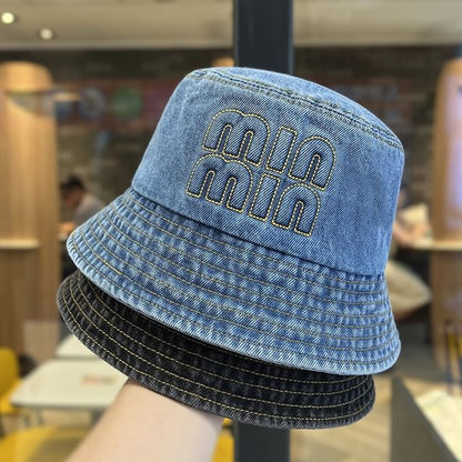 Lettering Bucket Denim Washed Hat Embroidered