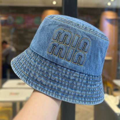 Lettering Bucket Denim Washed Hat Embroidered