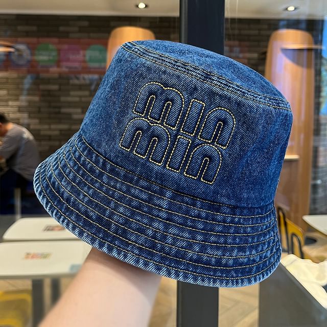 Lettering Bucket Denim Washed Hat Embroidered
