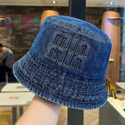 Lettering Bucket Denim Washed Hat Embroidered