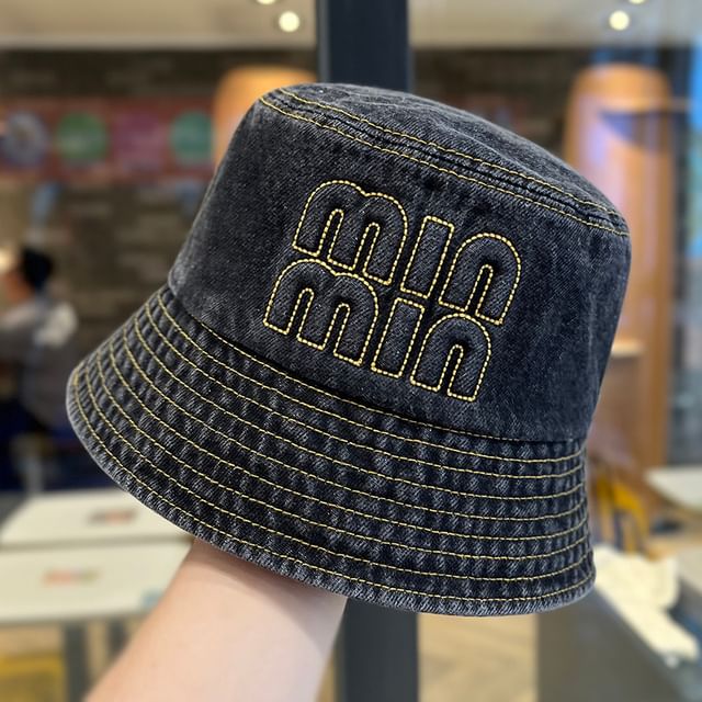 Lettering Bucket Denim Washed Hat Embroidered