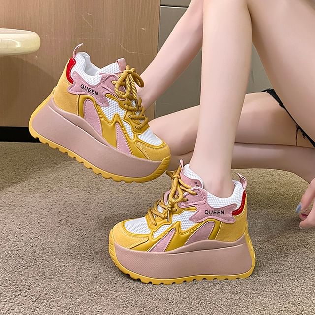 Lace-Up Mesh Sneakers Platform Panel