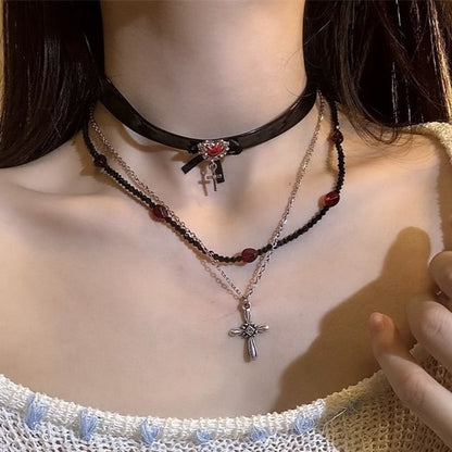 Necklace Leather Faux Choker Cross Rhinestone /