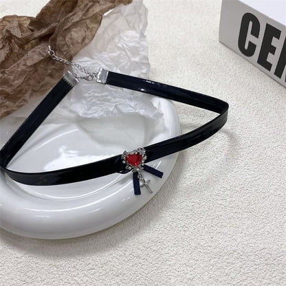 Necklace Leather Faux Choker Cross Rhinestone /