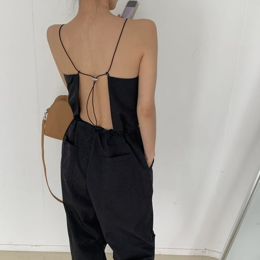 Spaghetti Strap Plain Backless Tie Up Jumpsuit