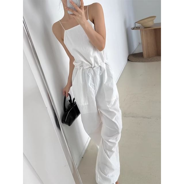 Spaghetti Strap Plain Backless Tie Up Jumpsuit