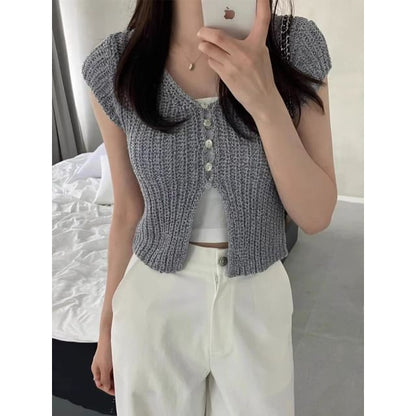 Short Sleeve V-Neck Button Up Cropped Cardigan