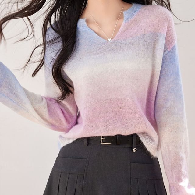 Notch Neck Gradient Sweater