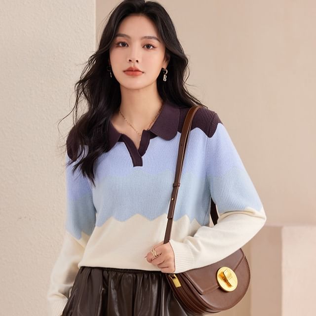 Polo Neck Color Block Sweater