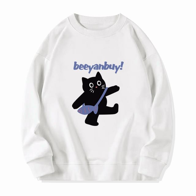 Crew Neck Cat Print Sweatshirt