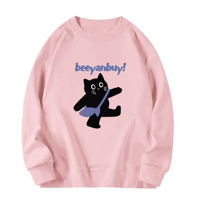 Crew Neck Cat Print Sweatshirt