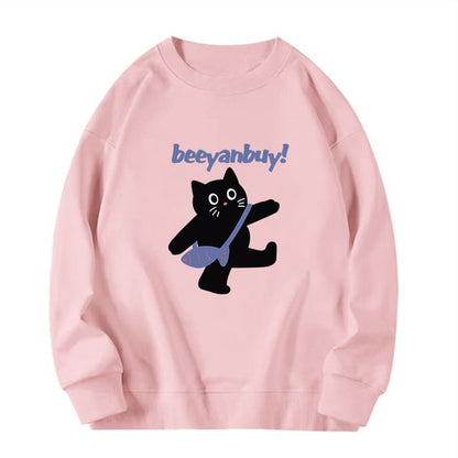 Crew Neck Cat Print Sweatshirt