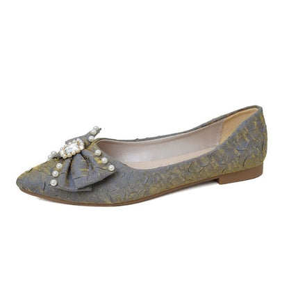 Pointed Toe Rhinestone Faux Pearl Bow Flats
