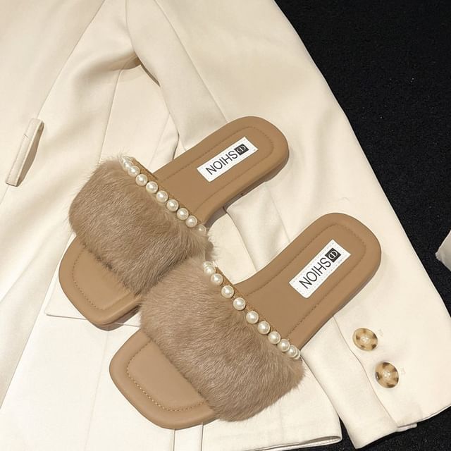 Fluffy Faux Pearl Slide Sandals