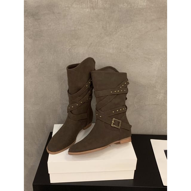 Plain Buckled Mid-Calf Boots