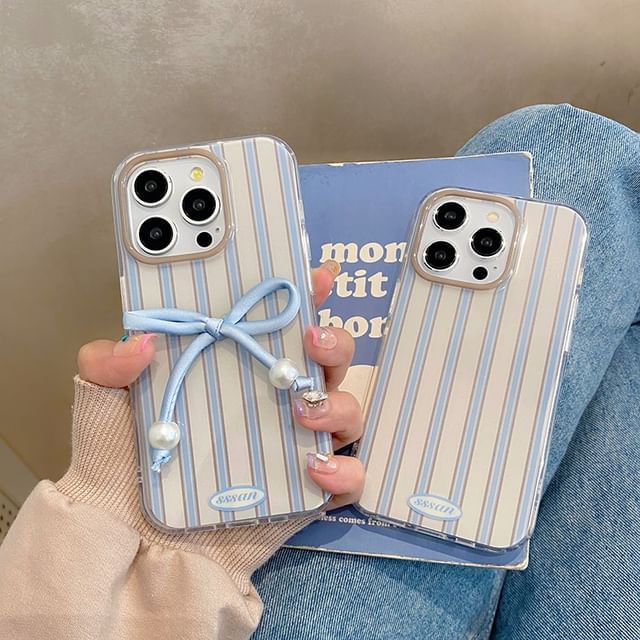 Phone Striped Faux Adhesive Bow / Case Set Decoration Pearl
