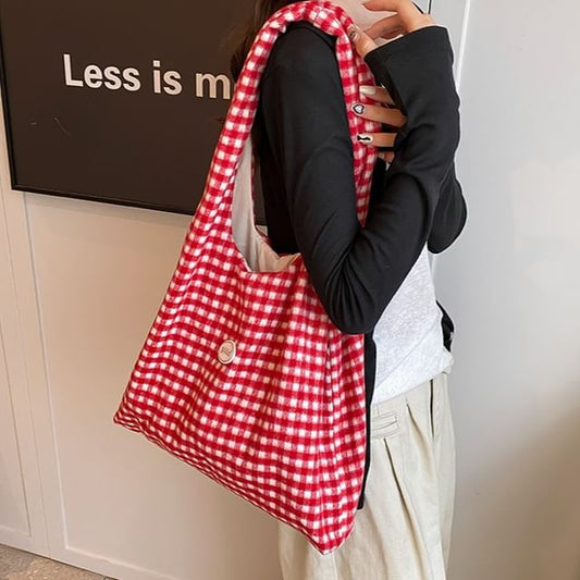 Plaid Applique Tote Bag