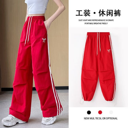 High Rise Bow Print Striped Loose-Fit Wide-Leg Sweatpants