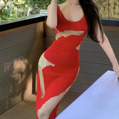 Scoop Patterned Sleeveless Neck Dress Back Maxi Open Bodycon